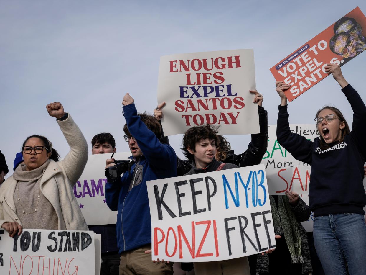 Constituents from the district of Rep. George Santos (R-NY) demonstrate during a news conference outside the U.S. Capitol February 7, 2023 in Washington, DC