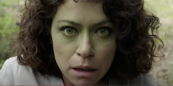 Tatiana Maslany transforming in "She-Hulk"