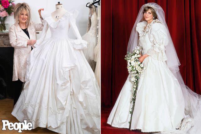 <p>Lauren Fleishman; PA Images/Getty Images</p> Elizabeth Emanuel with a recreation of the spare wedding dress in 2024; Princess Diana on her wedding day in July 1981