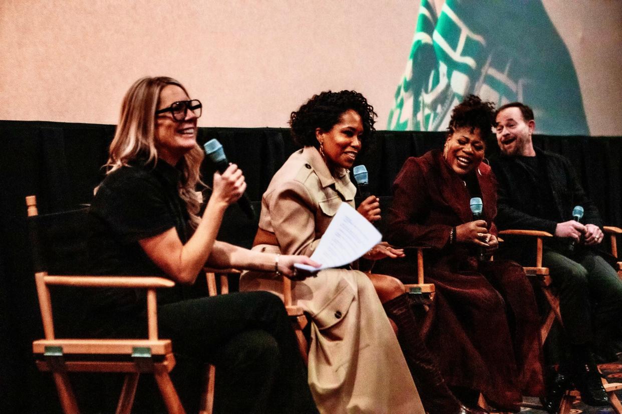 Film Cincinnati Executive Director Kristen Erwin Schlotman hosts a discussion on the Netflix movie "Shirley" with, from left, actors Regina King and Reina King and producer Ted Gidlow at the Mariemont Theatre after a screening earlier this month.