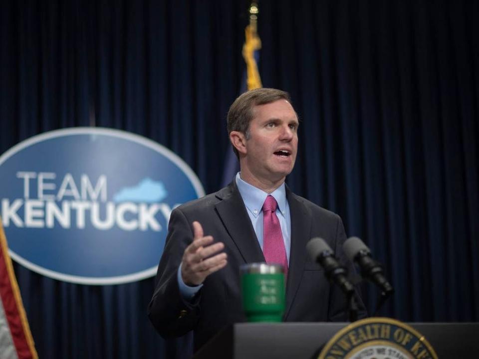 Gov. Andy Beshear at a press conference in Frankfort in 2023.