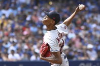 Cleveland Guardians starting pitcher Triston McKenzie throws to a Toronto Blue Jays batter in first-inning baseball game action in Toronto, Saturday, Aug. 13, 2022. (Jon Blacker/The Canadian Press via AP)