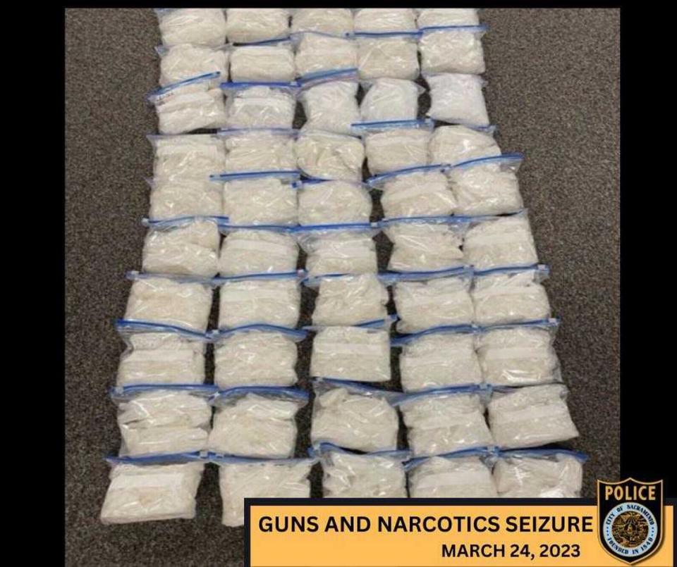 Officers seized over 50 pounds of crystal methamphetamine and 62 illegally-possessed guns as a result of an investigation after a vehicle stop on Saturday March 18, 2023, near Highway 99 and Mack Road in Sacramento, California.