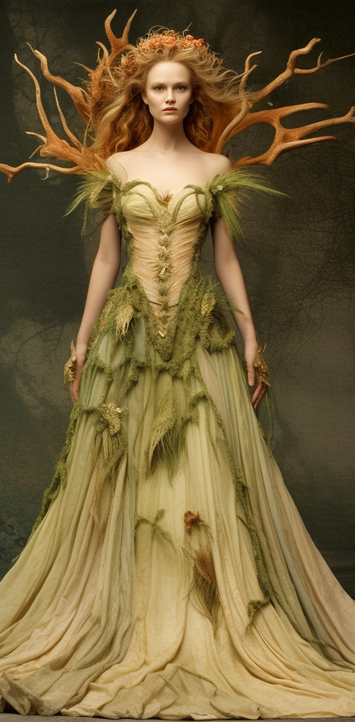 moss like dress with roots coming up behind the shoulders