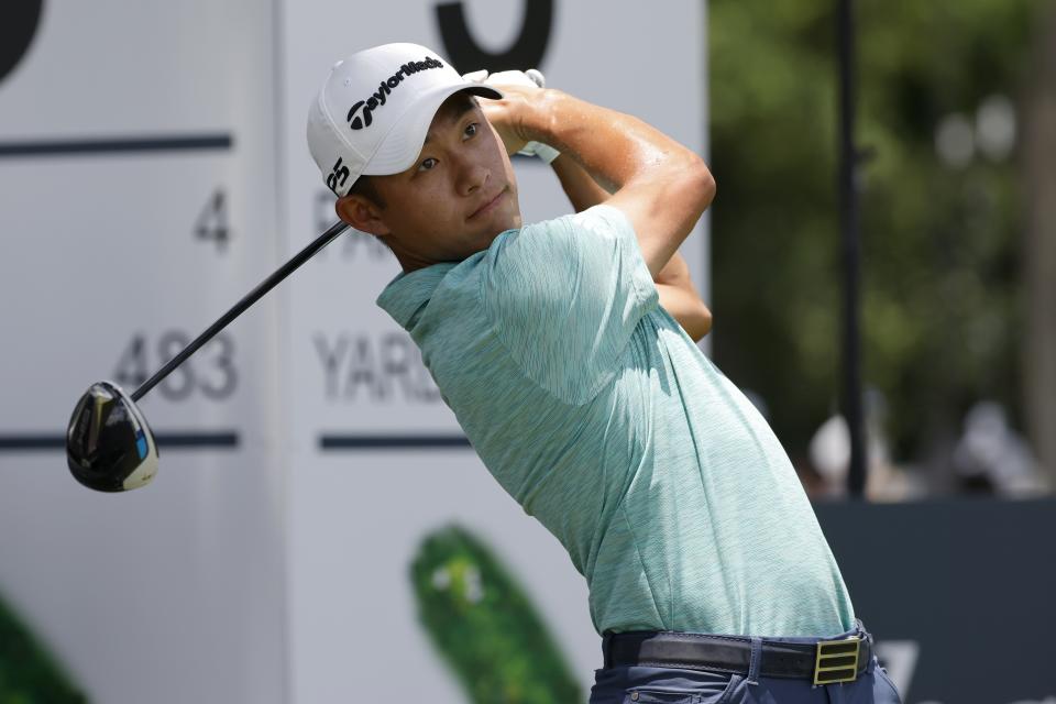 Collin Morikawa hits off the third tee during the third round of the Charles Schwab Challenge golf tournament at the Colonial Country Club in Fort Worth, Texas, Saturday May 29, 2021. (AP Photo/Ron Jenkins)