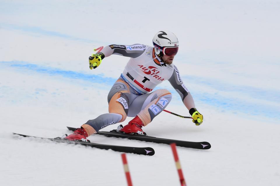 Norway's Aleksander Aamodt Kilde competes in an alpine ski, men's World Cup Super G, in Saalbach-Hinterglemm, Austria, Friday, Feb. 14, 2020. (AP Photo/Marco Tacca)
