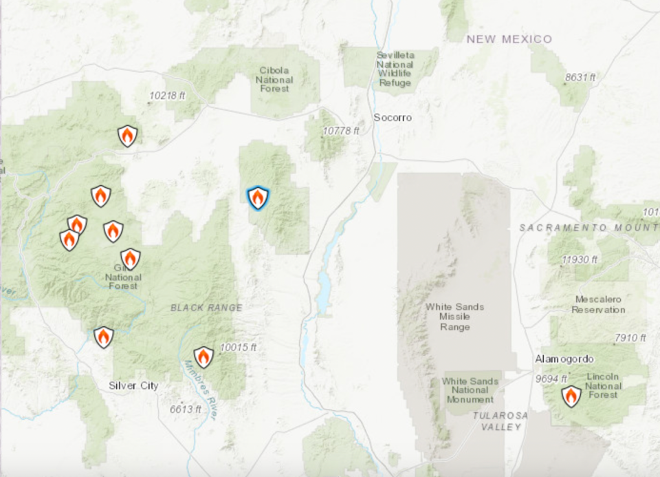 A map of the Gila National Forest shows the locations of eight fires burning in the wilderness area as of July 27, 2023. Fires in the Lincoln National Forest (right) and the Cibola National Forest (middle) are also shown.