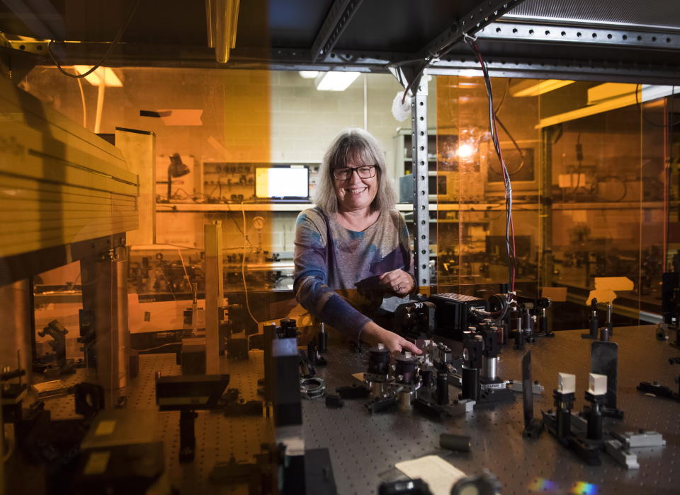 Nobel Prize winner Donna Strickland shows the media her lab after speaking about her prestigious award in Waterloo, Ontario, Tuesday, Oct. 2, 2018. Strickland, of the University of Waterloo in Canada, became only the third woman to win the physics Nobel, and the first in 55 years. (Nathan Denette/The Canadian Press via AP)