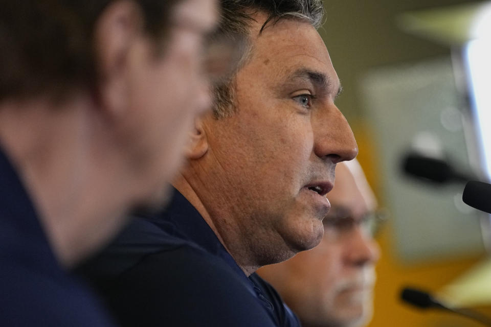Nashville Predators new head coach Andrew Brunette responds to questions during a news conference at the NHL hockey team's arena Wednesday, May 31, 2023, in Nashville, Tenn. (AP Photo/George Walker IV)