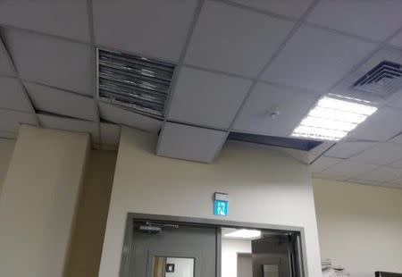 Collapsed ceiling in an office building is pictured after a quake in New Taipei City, Taiwan, April 18, 2019 in this picture obtained from social media. Kee Kei Wai via REUTERS