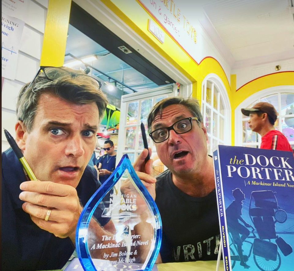 Dave McVeigh, left, and Jim Bolone, authors of "The Dockporter," are back with another novel set on Mackinac Island, "Somewhere in Crime," which unfolds in 1979 , the year of the filming of the classic romance movie "Somewhere in Time."