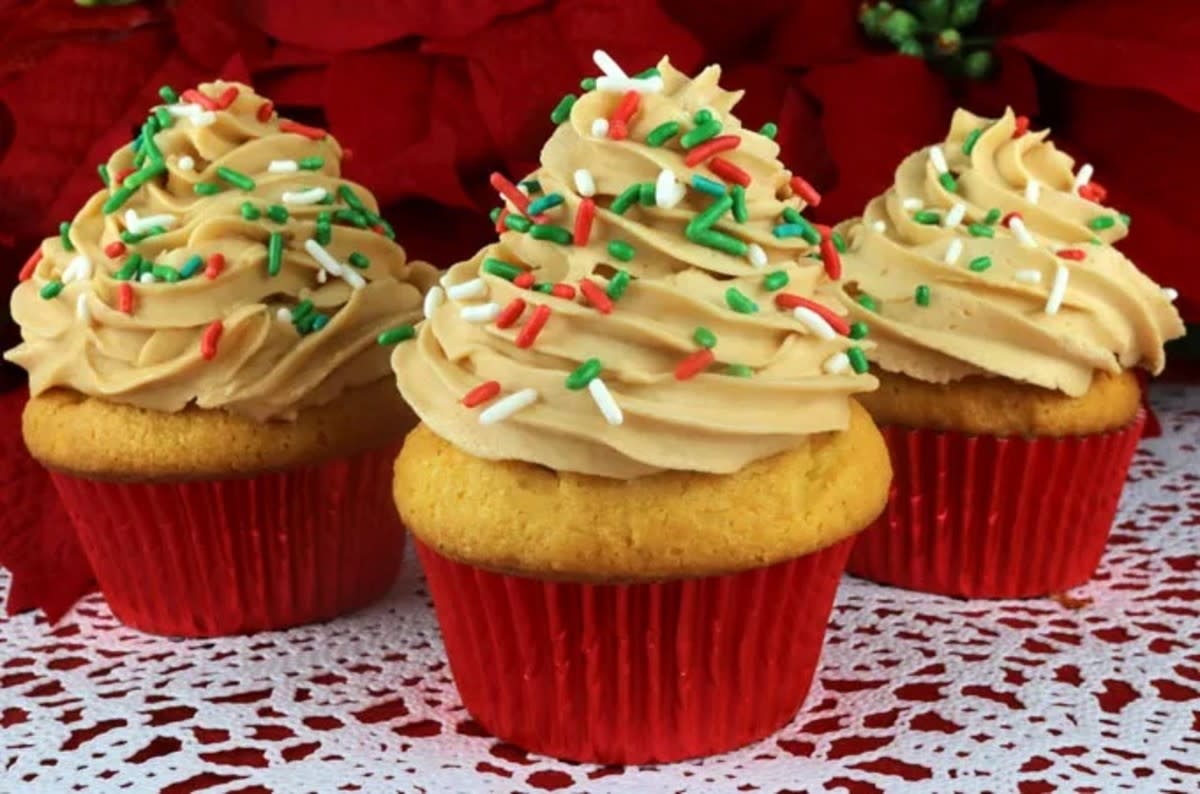 <p>Two Sisters</p><p>Each bite of these boozy baked good is like a sip of spiked Eggnog. </p><p><strong>Get the recipe: <a href="https://www.twosisterscrafting.com/eggnog-cupcakes-with-butter-rum-frosting/" rel="nofollow noopener" target="_blank" data-ylk="slk:Eggnog Cupcakes with Butter Rum Frosting;elm:context_link;itc:0;sec:content-canvas" class="link rapid-noclick-resp">Eggnog Cupcakes with Butter Rum Frosting</a></strong></p>