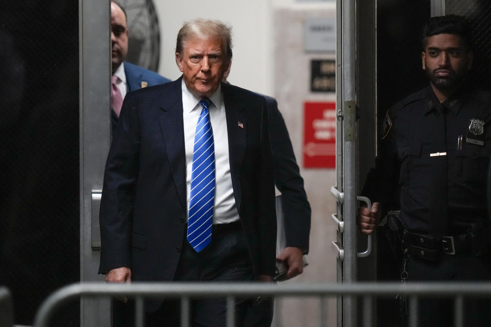 Former President Donald Trump returns to the courtroom after a break at Manhattan criminal court, Monday, May 13, 2024, in New York. (AP Photo/Seth Wenig, Pool)