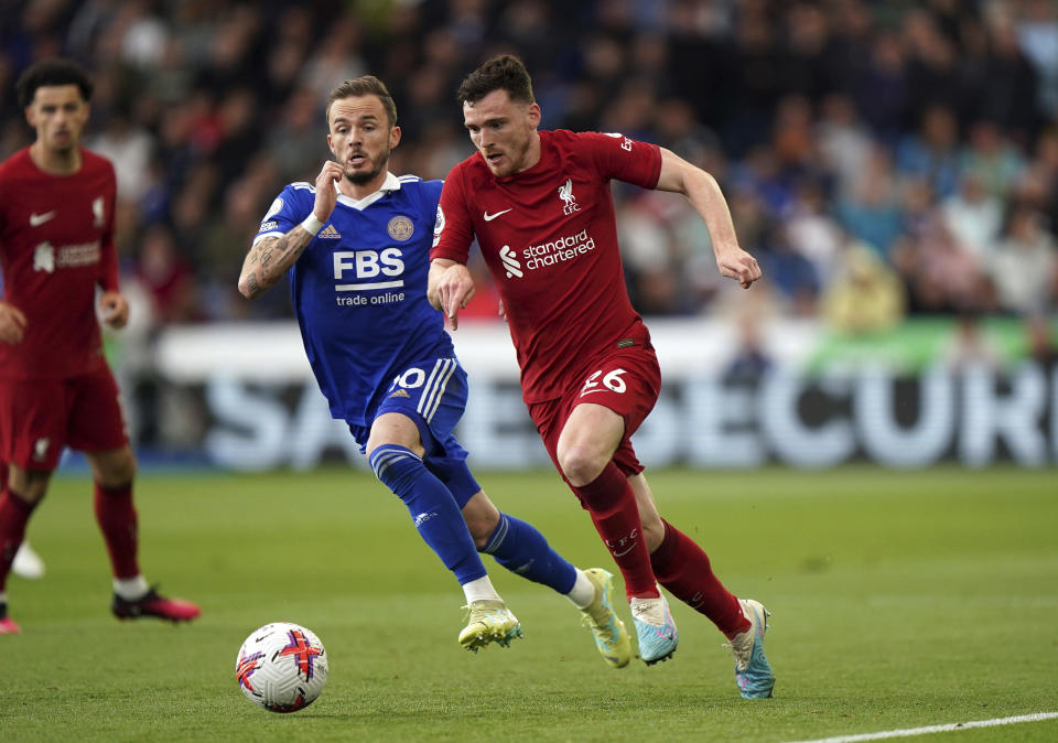 Liverpool's Andrew Robertson, right, and Leicester City's James Maddison in action during the English Premier League soccer match at the King Power Stadium, Leicester, England, Monday May 15, 2023. (Tim Goode/PA via AP)
