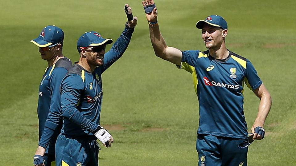 Steve Smith, David Warner and Cameron Bancroft during slips practice at Australia's training session. (Photo by Ryan Pierse/Getty Images)