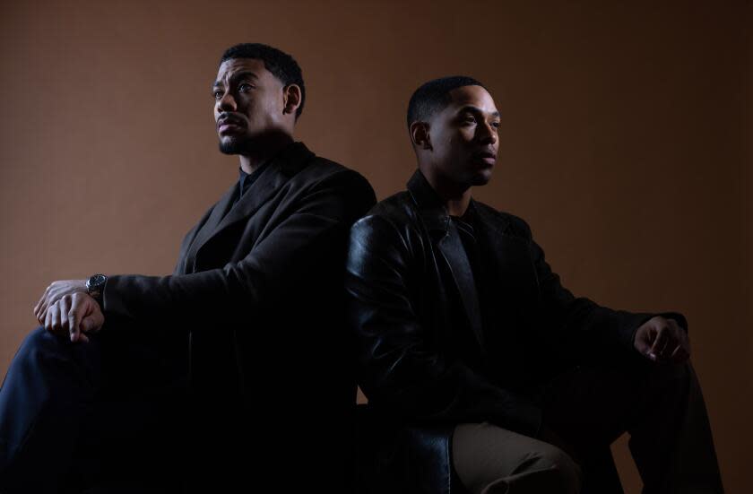 PASADENA-CA-FEBRUARY 8, 2024: Aaron Pierre, left, and Kelvin Harrison Jr., who play Malcolm X and the Rev. Dr. Martin Luther King Jr., respectively, in Nat Geo's miniseries "Genius: MLK/X," are photographed at the Langham Huntington Hotel in Pasadena on February 8, 2024. (Christina House / Los Angeles Times)