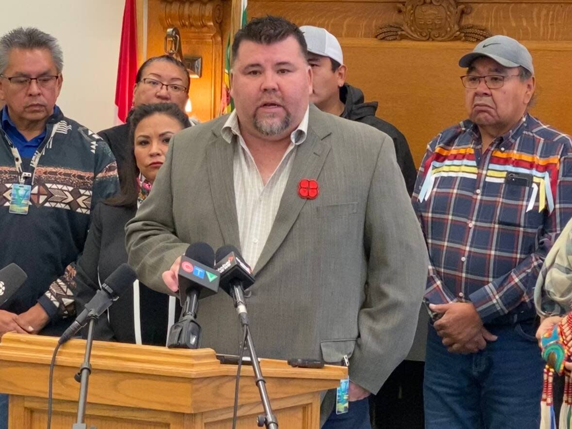 Devin Hernatchez, a councillor with the Lac La Ronge Indian Band, said the provincial duty to consult is actually a 'duty to insult.' He and other leaders who spoke Monday said Indigenous people are not being properly consulted and the process needs to be improved and enshrined in Saskatchewan law. (Adam Hunter/CBC - image credit)