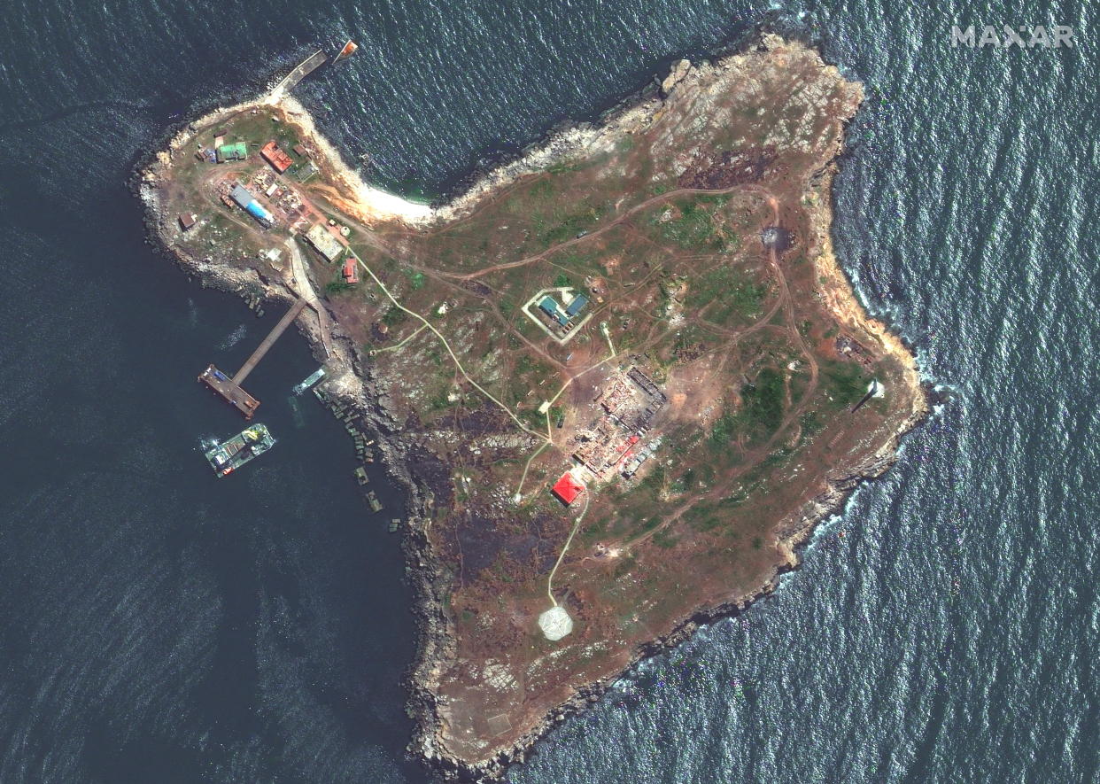 A satellite image shows an overview of Snake Island, Ukraine on May 12, 2022. (Maxar Technologies/Handout via Reuters)