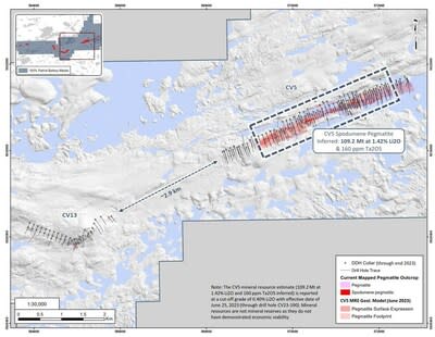 Figure 3: Corridor remaining to be drill tested between the CV5 & CV13 spodumene pegmatites. (CNW Group/Patriot Battery Metals Inc)