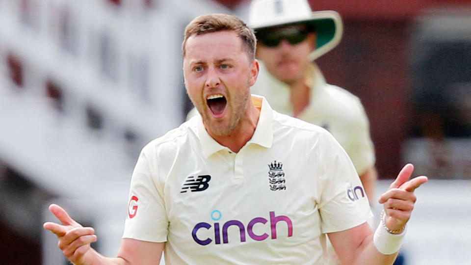 Pictured here, England quick Ollie Robinson celebrates a wicket against New Zealand.