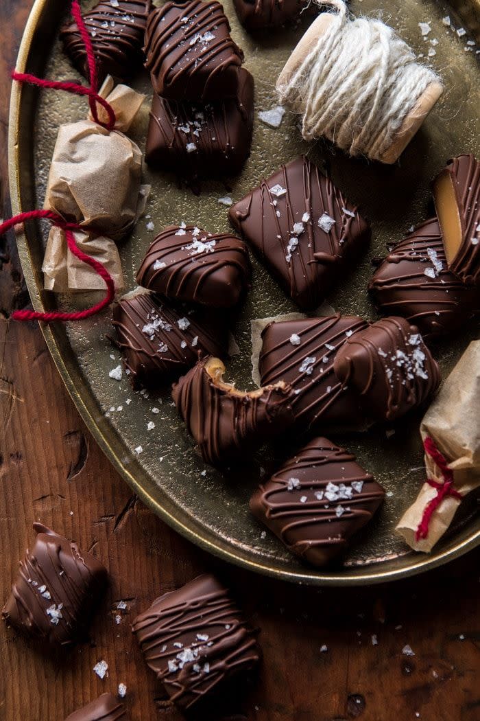 Salted Chocolate Covered Bourbon Cider Caramels