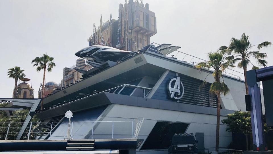 The replica Avengers Headquarters at Avengers Campus.