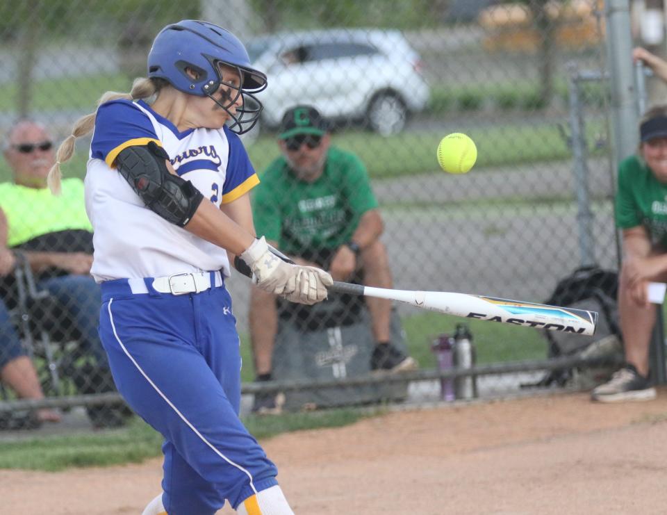 Ontario's Kylie Snow records a bloop single during the Warriors' 4-3 loss to Clear Fork on Friday.