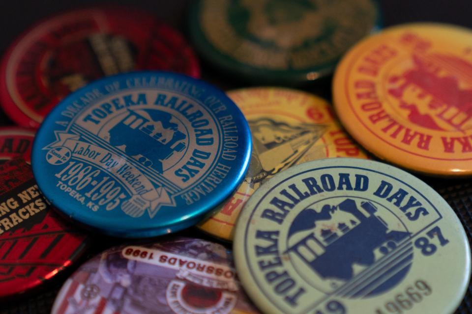 Buttons from past Topeka Railroad Days events commemorate the festival that took place from 1986 to 2000.