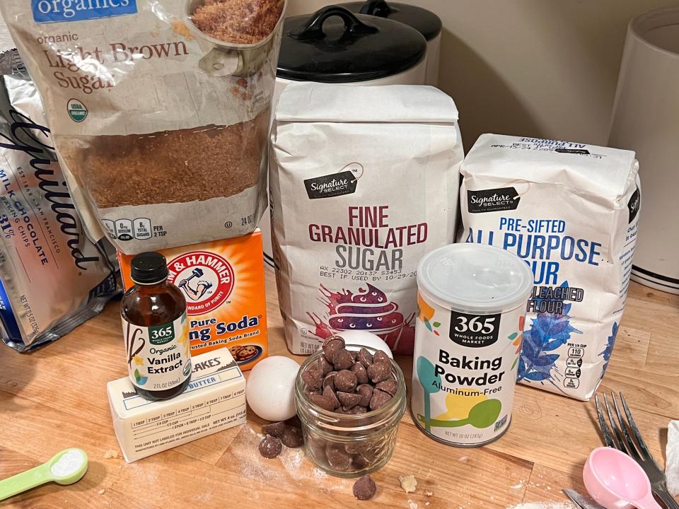 ingredients for chocolate chip cookie dough on a kitchen counter