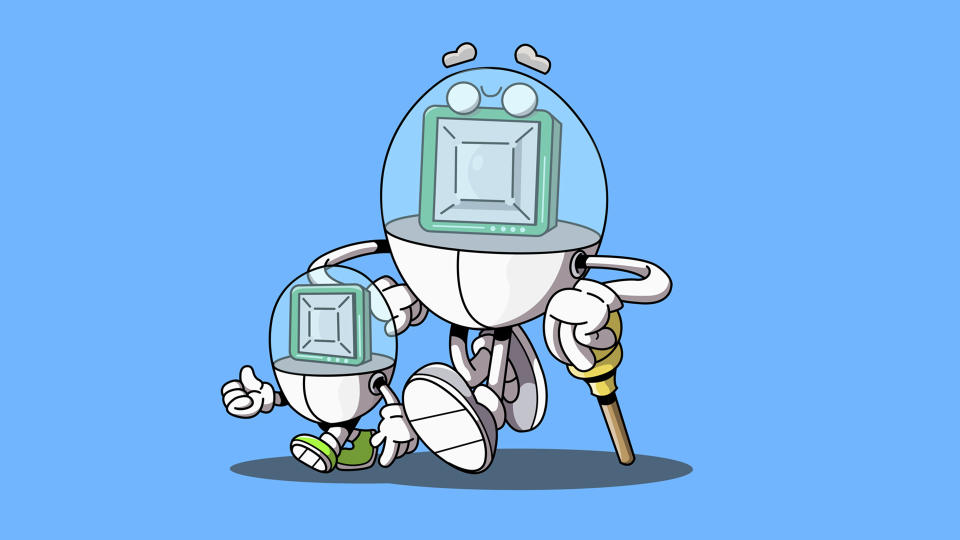 A cartoon CPU on a blue background.