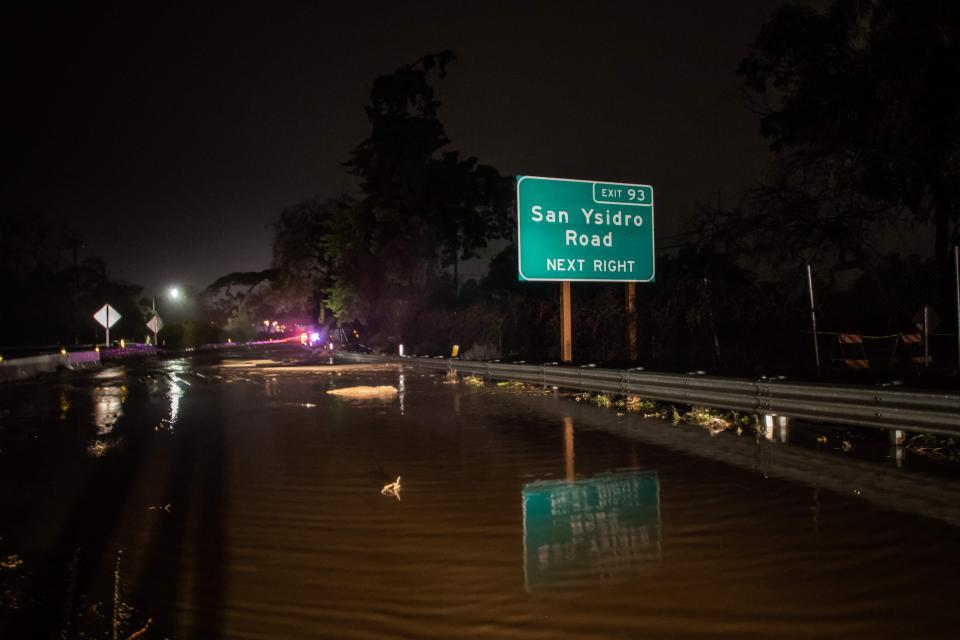 The 101 Freeway is seen flooded out as a result of San Ysidro Creek overflowing due to heavy rainfall in the area on January 09, 2023, in Montecito, California.