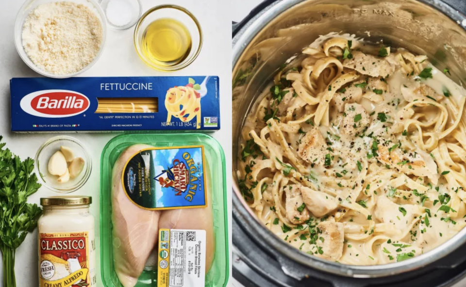 To upgrade the jarred sauce, you'll also toss in fresh garlic, parsley, and parm.Recipe: Instant Pot Fettuccine Alfredo With Chicken