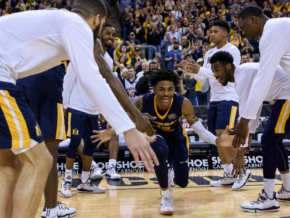 Murray State’s Ja Morant (12) is announced as a starter before the  Ohio Valley Conference men's basketball championship against the Belmont University Bruins at Ford Center in Evansville, Ind., Saturday, March 9, 2019. 