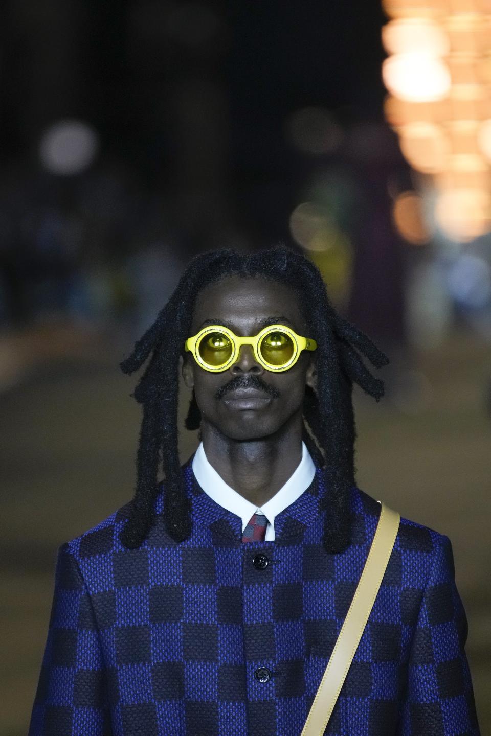 A model wears a creation for Louis Vuitton as part of the Menswear Spring/Summer 2024 fashion collection presented in Paris, Tuesday, June 20, 2023. (AP Photo/Christophe Ena)