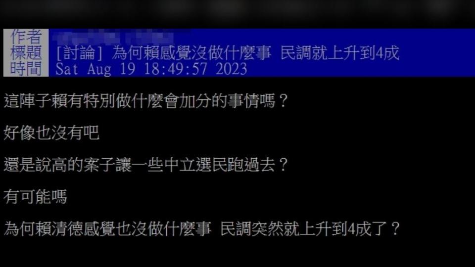 網友質疑「賴清德感覺也沒做什麼事，民調突然就上升到4成？」（圖／翻攝自PTT）