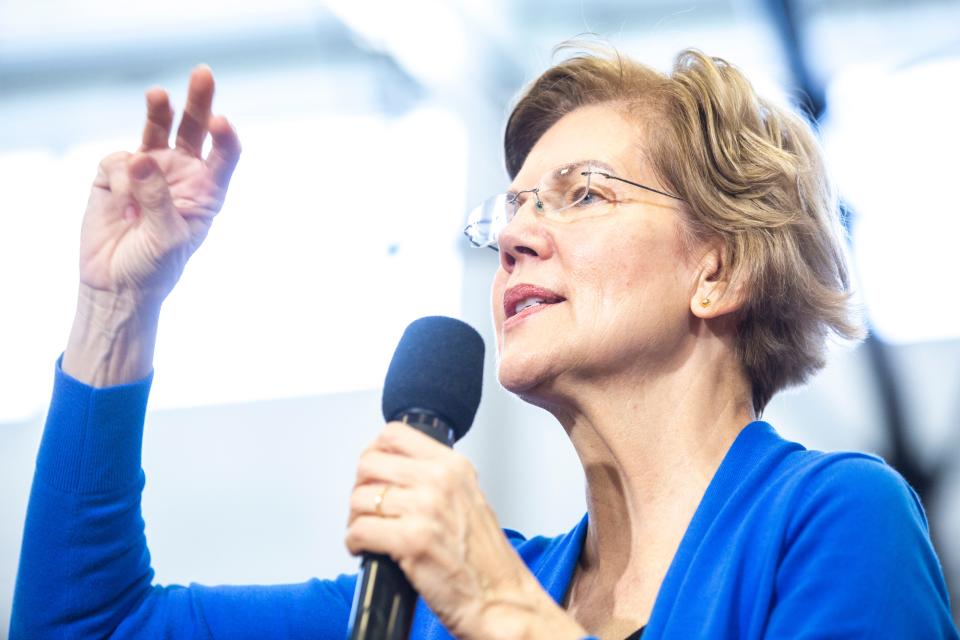 U.S. Sen. Elizabeth Warren, D-Mass., speaks during a town hall, Saturday, Dec. 21, 2019, at North Central Junior High School in North Liberty, Iowa.