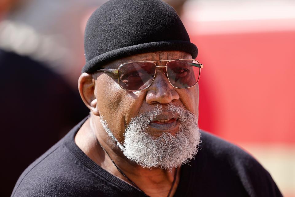 Dr. Harry Edwards on the field before an October game in Santa Clara between the 49ers and Cardinals.