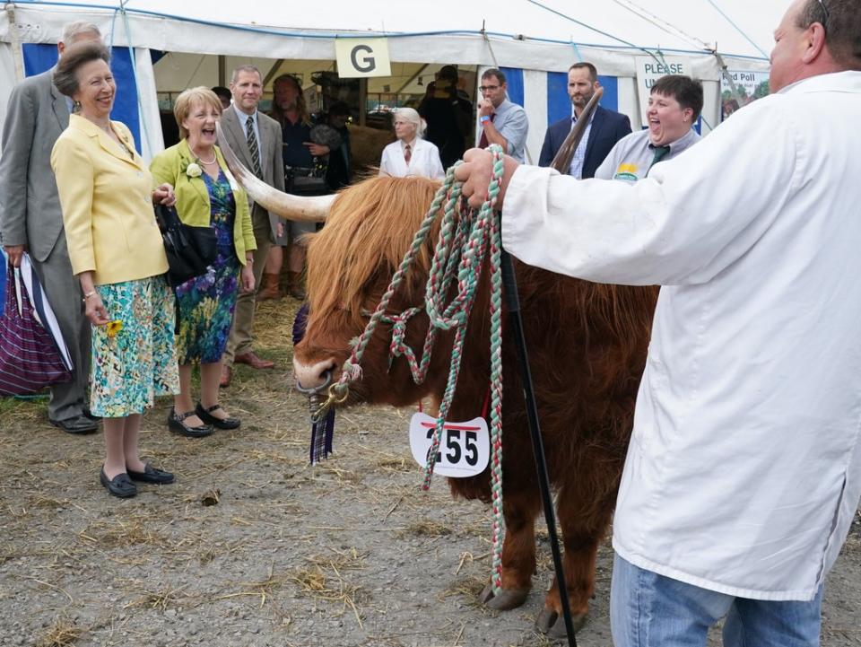 Anne laughs as she views the bulls at showground (Owen Humphreys/PA) (PA Wire)