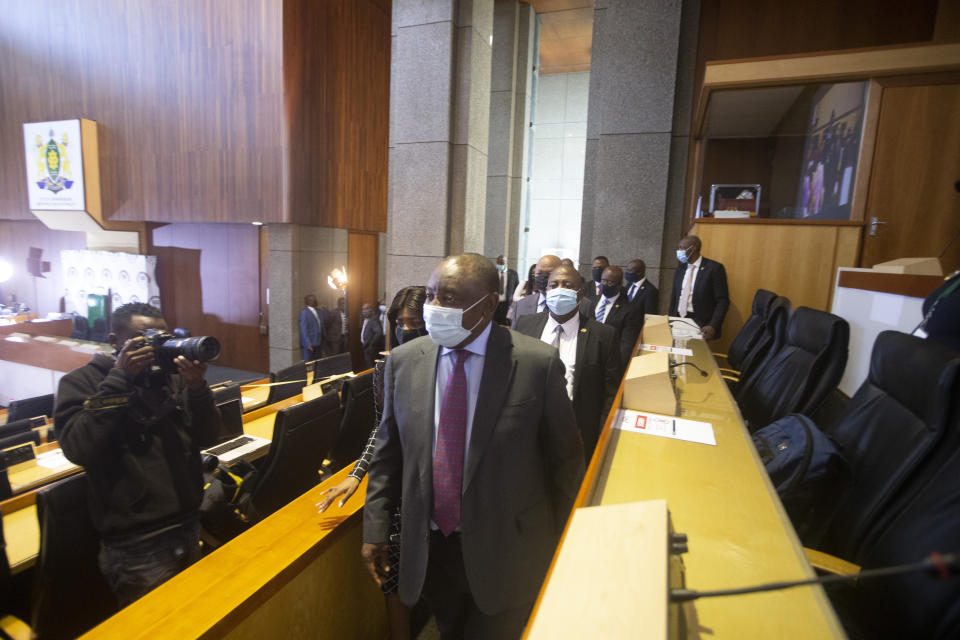 South African President Cyril Ramaphosa appears on behalf of the ruling African National Congress party at the Zondo Commission of Inquiry into state corruption in Johannesburg, South Africa, Thursday, April 29, 2021. Ramaphosa says rampant corruption has seriously damaged South Africa’s economy and people’s trust in the government. (AP Photo/Kim Ludbrook/Pool)