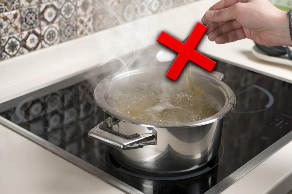 "X" over image of someone salting their pasta water