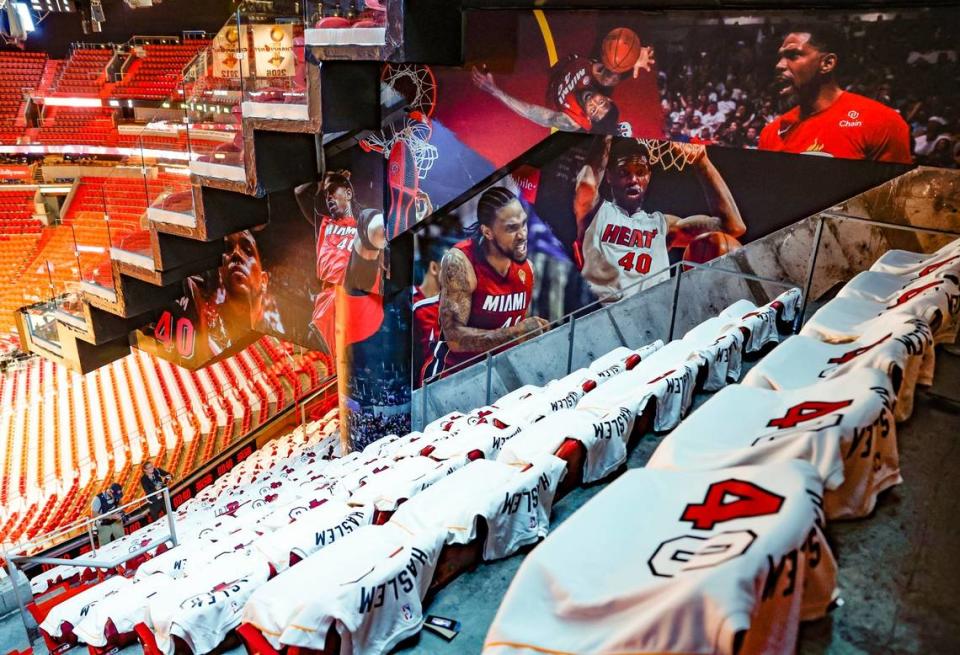 Section 305 of the arena Miami Heat forward Udonis Haslem (40) jerseys for fans before the start of the game against the Brooklyn Nets at Miami-Dade Arena in Miami, Fl. on Saturday, March 25, 2023.