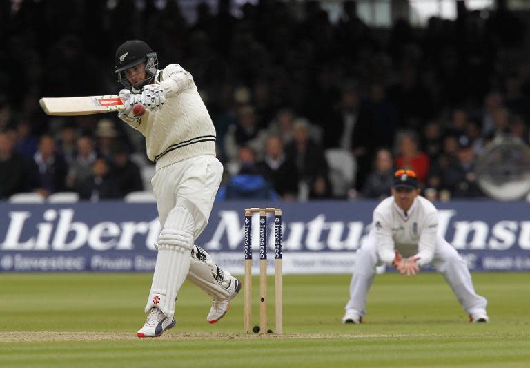 New Zealand's Kane Williamson hits a four on the third day of the first cricket Test match between England and New Zealand at Lord's cricket ground in London on May 23, 2015