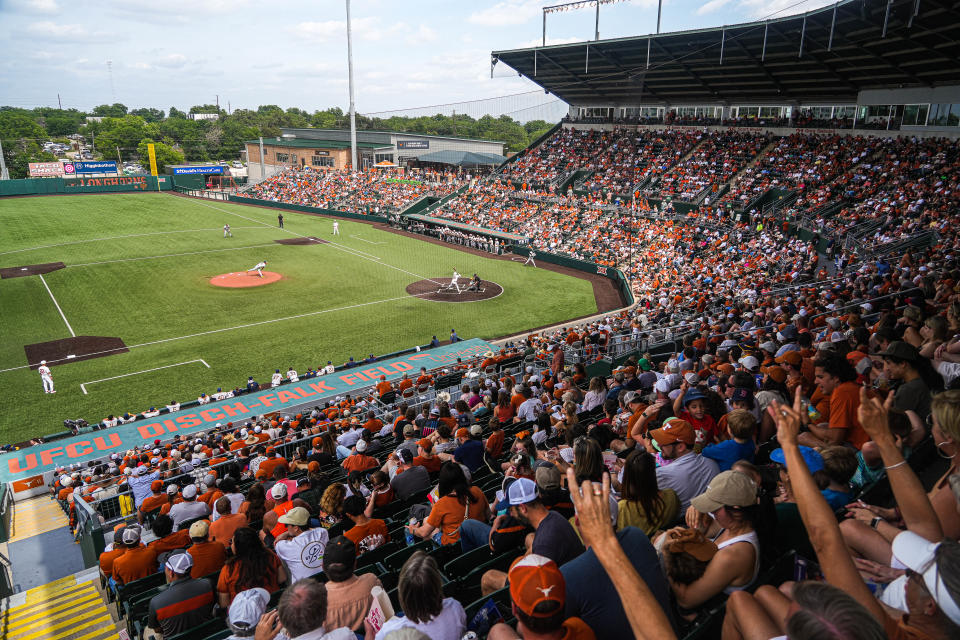 Fans pack the stands for the final Texas Longhorns baseball game of the season against West Virginia at UFCU Disch-Falk Field on Saturday, May 20, 2023 in Austin.