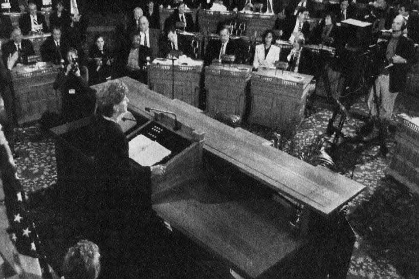 Gov. Christie Whitman delivered her annual budget address on Monday, Jan. 25, 1999, in the Assembly chamber at the Statehouse in Trenton.