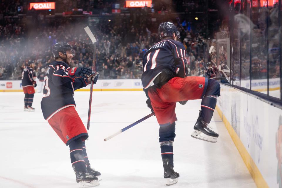 Dec 29, 2023; Columbus, Ohio, USA;
Columbus Blue Jackets center Adam Fantilli (11) celebrates after his game tying goal during the third period of their game against the Toronto Maple Leafs sending it into overtime on Friday, Dec. 29, 2023 at Nationwide Arena.