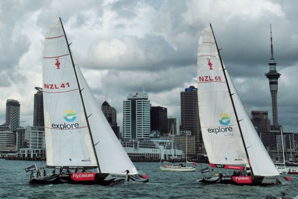 The Duke and Duchess of Cambridge race against each other on two Emirates Team New Zealand Americas Cup yachts as they sail around Auckland Harbour during the fifth day of their official tour to New Zealand. PRESS ASSOCIATION Photo. Picture date: Friday April 11, 2014. Photo credit should read: Anthony Devlin/PA Wire