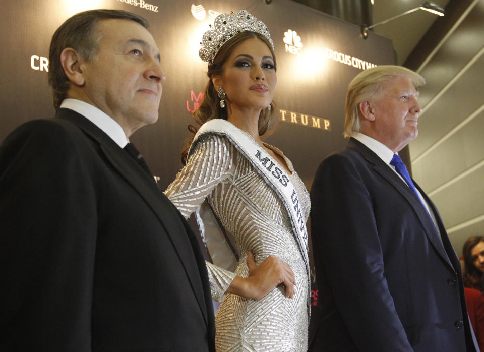 Russian businessman Aras Agalarov, Miss Universe 2013 Gabriela Isler and Trump at a news conference after the Miss Universe pageant in Moscow, Nov. 9, 2013. (Photo: Maxim Shemetov / Reuters)