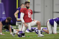 FILE - Minnesota Vikings quarterback Josh Rosen takes part in drills during an NFL football team practice in Eagan, Minn., Thursday, Jan. 12, 2023. Quarterbacks could go with the top three picks for the fourth time ever with Chicago, Washington and New England all sorely in need of a passer who can turn the fortunes of a franchise. But for every Patrick Mahomes, there is a Josh Rosen. (AP Photo/Abbie Parr, File)