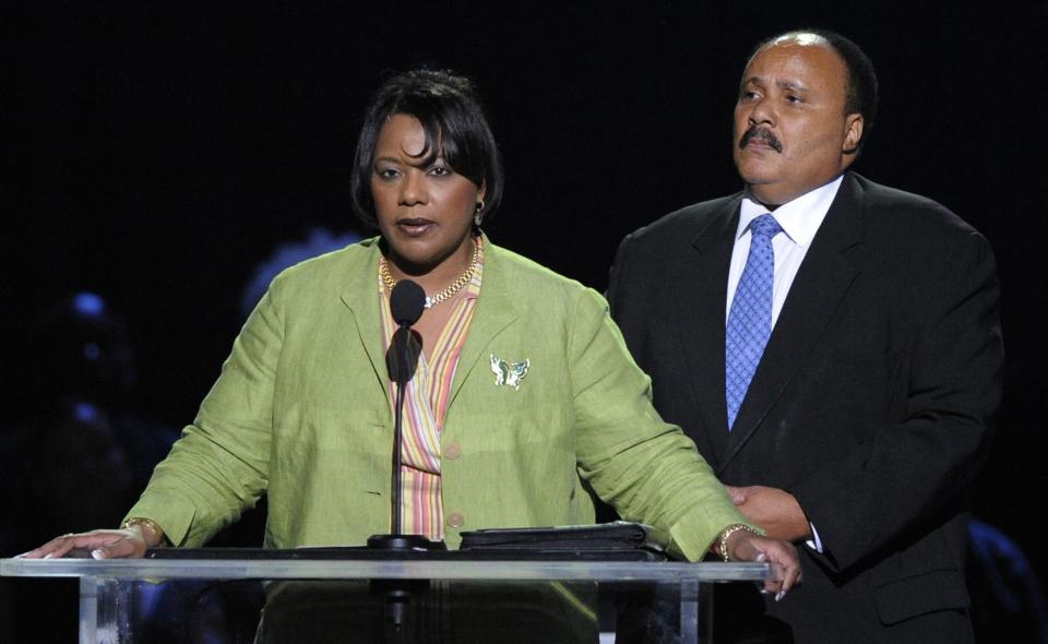 Bernice King and Martin Luther King III speak during a memorial service for entertainer Michael Jackson in Los Angeles, California in this file photo taken July 7, 2009. The estate of Martin Luther King Jr. , chaired by King's elder son, Martin Luther King III, has sued the late civil rights leader's daughter Bernice King over possession of his 1964 Nobel Peace Prize medal and a Bible used by President Barack Obama during his second inauguration. REUTERS/Mark J. Terrill/Files (UNITED STATES - Tags: CRIME LAW SOCIETY)