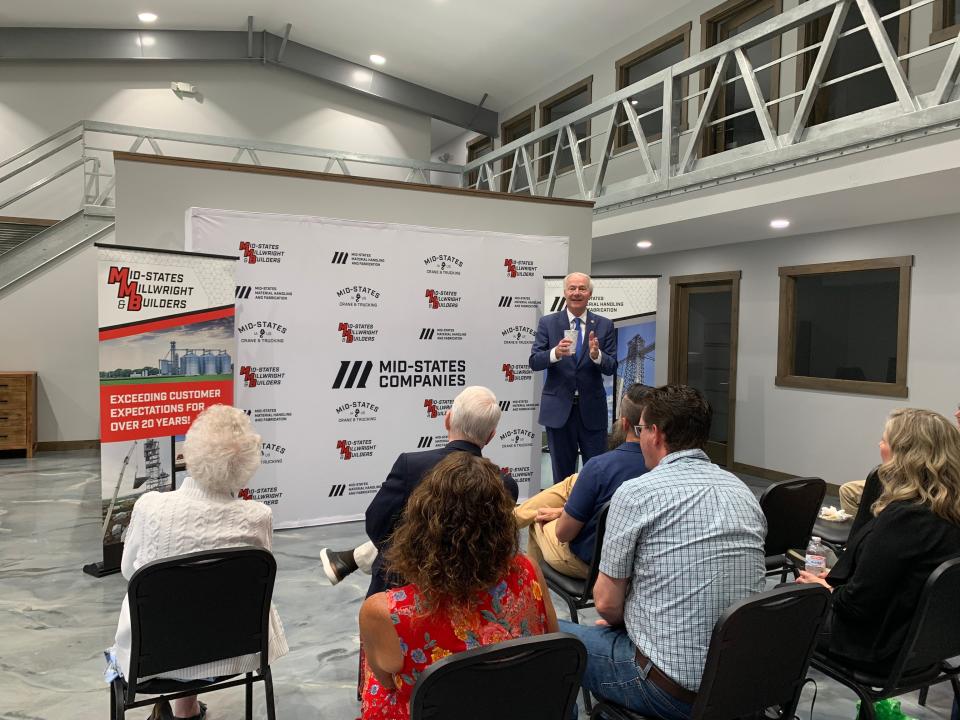 In his latest visit to Iowa, Republican presidential candidate Asa Hutchinson speaks to prospective voters during a town hall with the Story County GOP at Mid-States Companies on Thursday, June 1, 2023.
